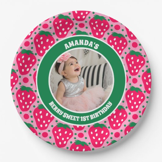 Strawberry First Birthday Celebration Photo Papieren Bordje (Voorkant)