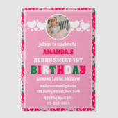Strawberry First Birthday Celebration Photo Vellum Uitnodigingen (Voorkant)