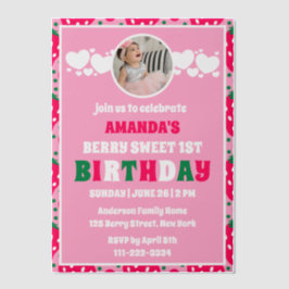 Strawberry First Birthday Celebration Photo Vellum Uitnodigingen