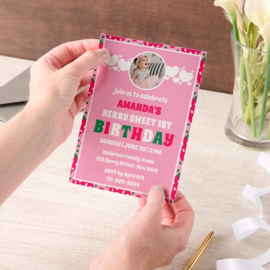 Strawberry First Birthday Celebration Photo Vellum Uitnodigingen (Draagbaar)