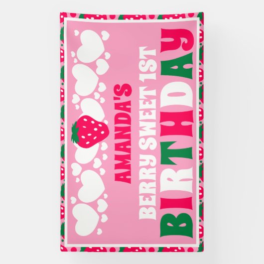 Strawberry First Birthday Celebration Spandoek (Verticaal)