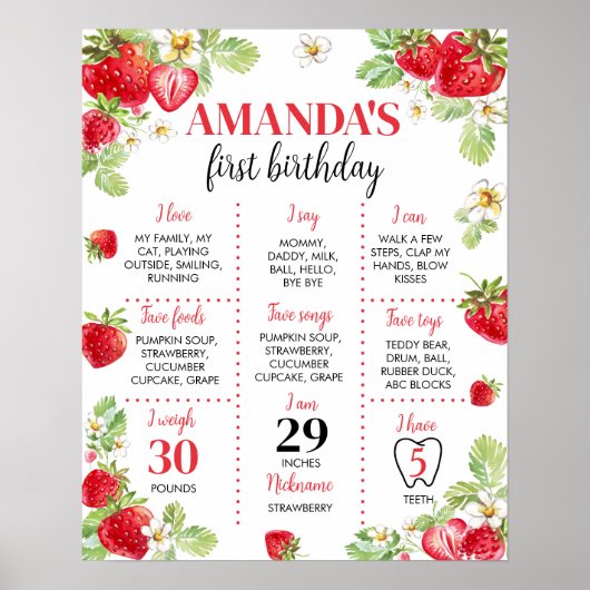 Strawberry First Birthday Milestone Sign Poster (Voorkant)