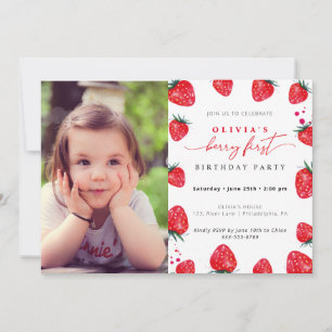 Strawberry First Birthday Photo Invitation Kaart