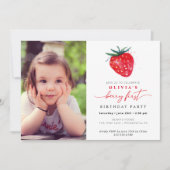 Strawberry First Birthday Photo Invitation Kaart (Voorkant)