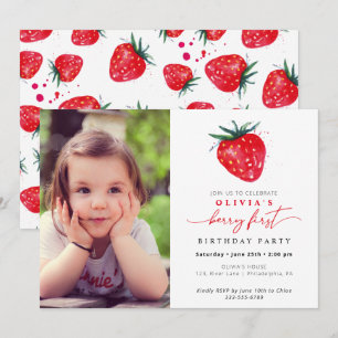 Strawberry First Birthday Photo Invitation Kaart