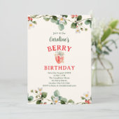 Strawberry Floral First Girls Birthday Kaart (Staand voorkant)
