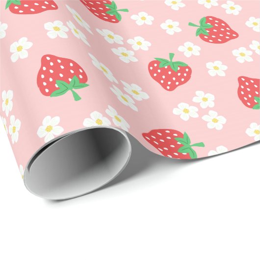 Strawberry Flowers Pink Pattern Cadeaupapier (Rol Hoek)