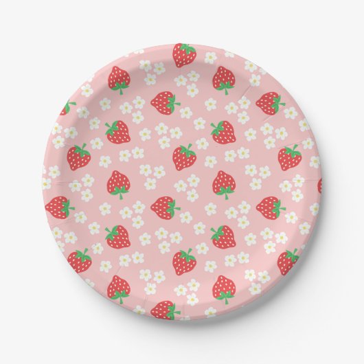 Strawberry Flowers Pink Pattern Papieren Bordje (Voorkant)