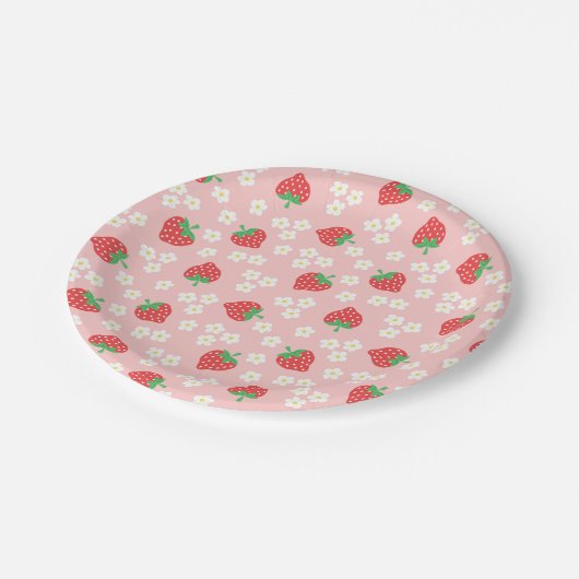 Strawberry Flowers Pink Pattern Papieren Bordje (Gekanteld)