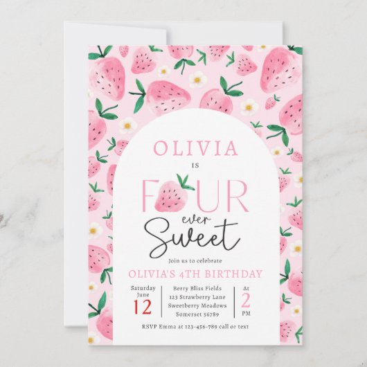 Strawberry Four Ever Sweet Berry 4th Verjaardag Kaart (Voorkant)