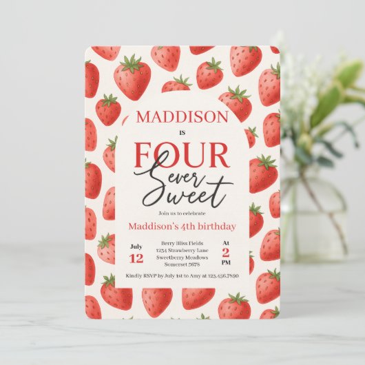 Strawberry Four ooit zoete 4e verjaardagsfeestje Kaart (Staand voorkant)