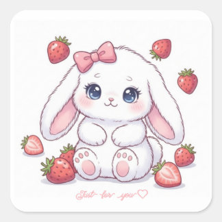 Strawberry Gaze Bunny - Cute Anime Eyes & Ribbon  Vierkante Sticker