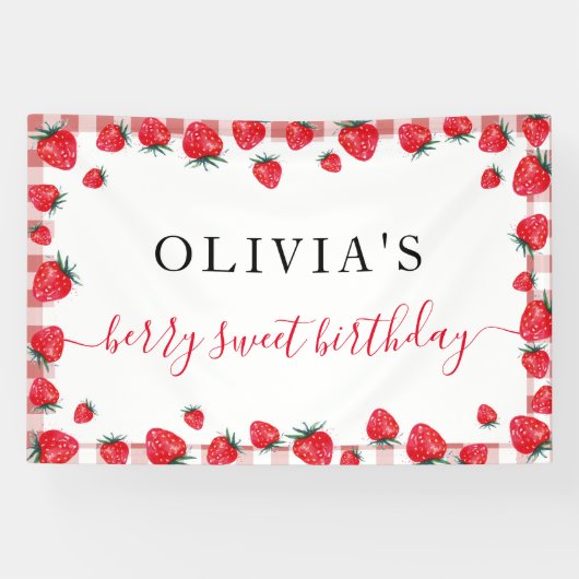 Strawberry Gingham Birthday Party Large Banner (Horizontaal)