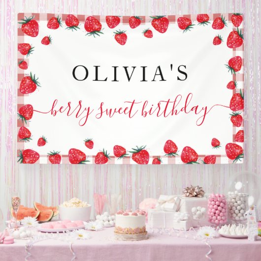 Strawberry Gingham Birthday Party Large Banner (Feest)