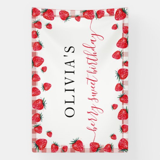 Strawberry Gingham Birthday Party Large Banner (Verticaal)