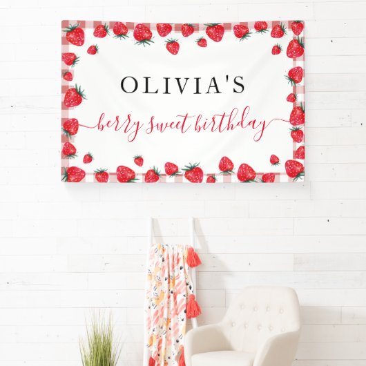 Strawberry Gingham Birthday Party Large Banner (Insitu)