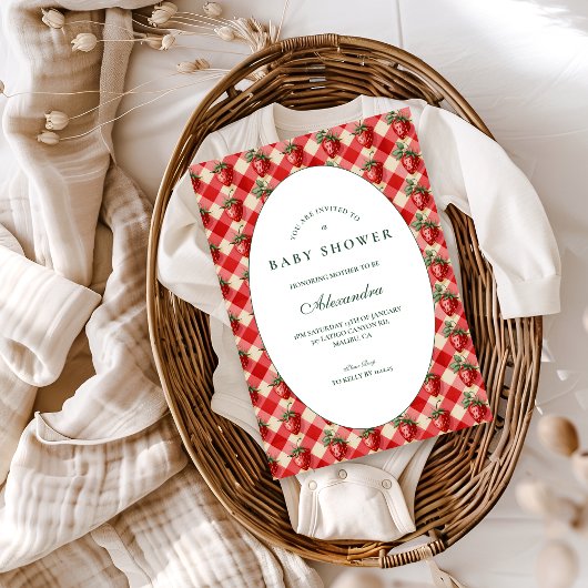 Strawberry Gingham Cottage Baby Shower Kaart