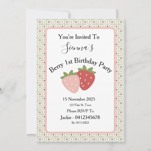 Strawberry Gingham First Birthday Party Kaart (Voorkant)