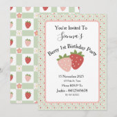 Strawberry Gingham First Birthday Party Kaart (Voorkant / Achterkant)