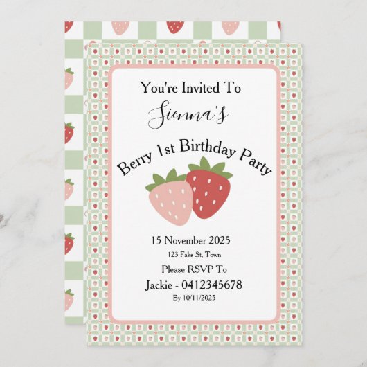 Strawberry Gingham First Birthday Party Kaart (Voorkant / Achterkant)
