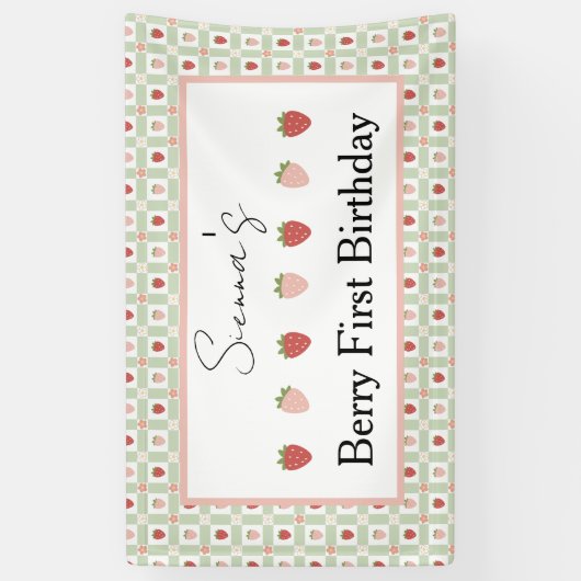 Strawberry Gingham First Birthday Party Spandoek (Verticaal)