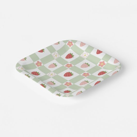 Strawberry Gingham First Birthday Square Papieren Bordje (Gebogen)