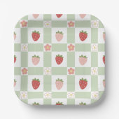 Strawberry Gingham First Birthday Square Papieren Bordje (Voorkant)