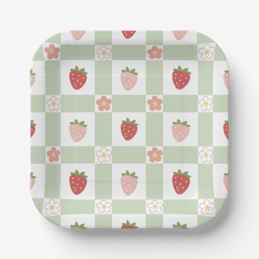 Strawberry Gingham First Birthday Square Papieren Bordje (Voorkant)