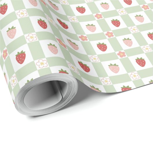 Strawberry Gingham Pastel Green 1st Birthday Cadeaupapier (Rol Hoek)