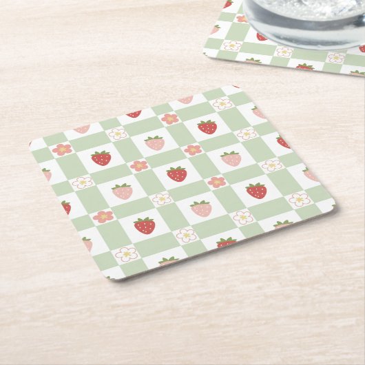 Strawberry Gingham Pastel Green Party Kartonnen Onderzetters (Schuin)