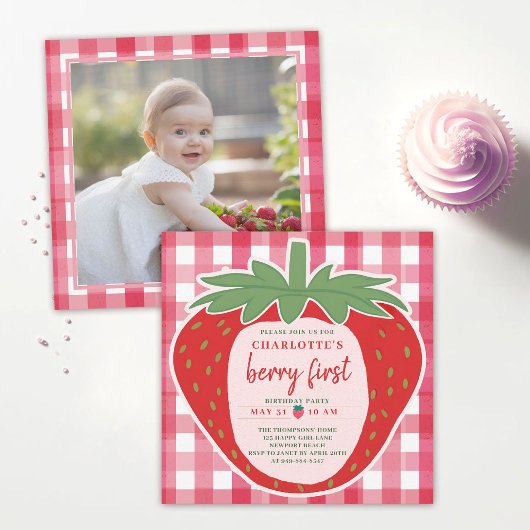 Strawberry Gingham Roze Schattigee foto 1e verjaar Kaart