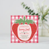Strawberry Gingham Roze Schattigee foto 1e verjaar Kaart (Staand voorkant)