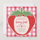Strawberry Gingham Roze Schattigee foto 1e verjaar Kaart (Voorkant)