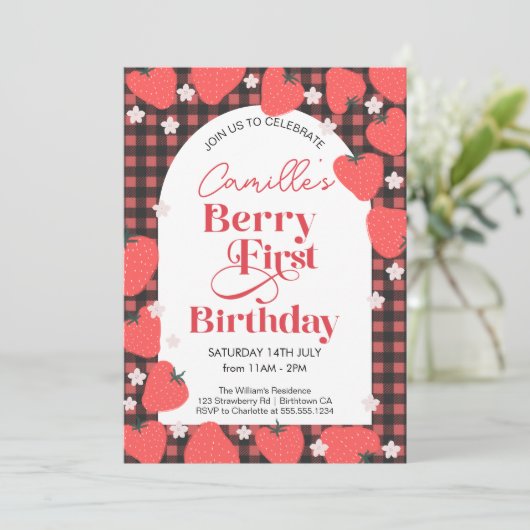 Strawberry Girl Berry eerste verjaardagsfeestje Kaart (Staand voorkant)