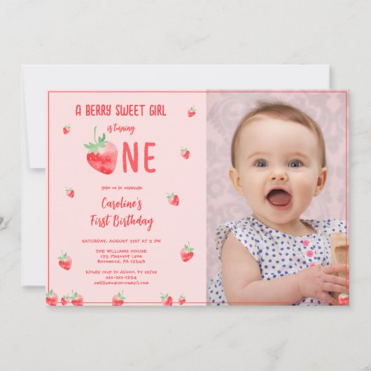 Strawberry Girl Eerste Verjaardag Fotouitnodiging Kaart (Voorkant)