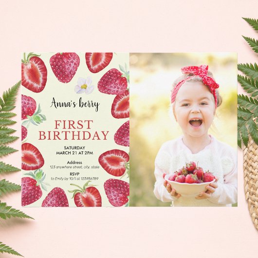 Strawberry Girl First 1e Birthday Berry Foto Kaart