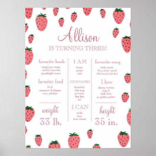 Strawberry Girl First Birthday Milestone Sign Poster (Voorkant)