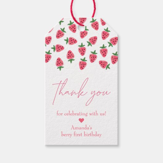 Strawberry Girl First Birthday Party Hartelijk dan Cadeaulabel (Voorkant)