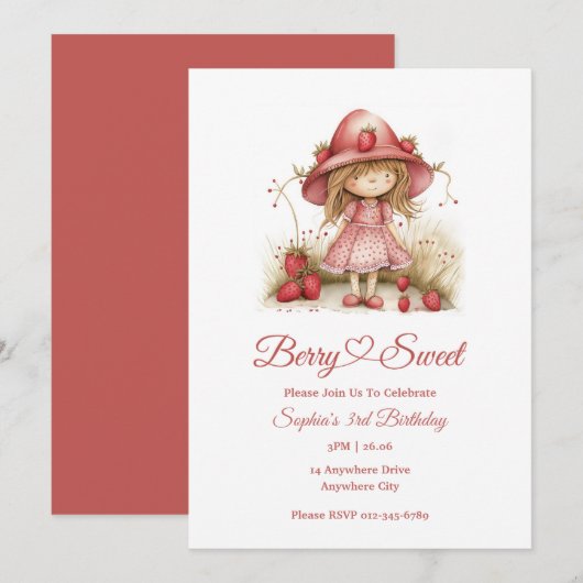 Strawberry Girl Party Kaart (Voorkant / Achterkant)
