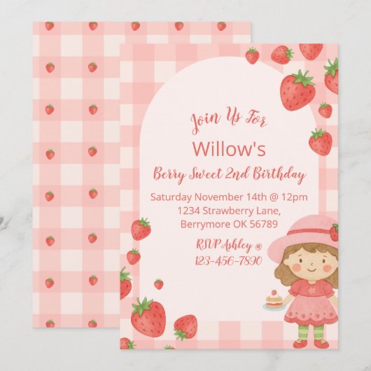 Strawberry Girl Verjaardag Uitnodiging | Roze (Voorkant / Achterkant)