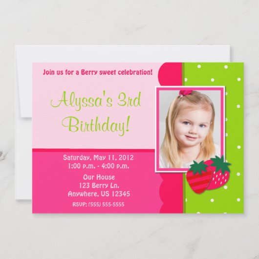 Strawberry Girls Photo Birthday Invitation Kaart (Voorkant)