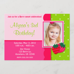 Strawberry Girls Photo Birthday Invitation Kaart