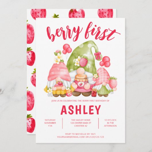 Strawberry Gnomes Berry First Birthday Invitation Kaart (Voorkant / Achterkant)