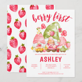 Strawberry Gnomes Berry First Birthday Invitation Kaart