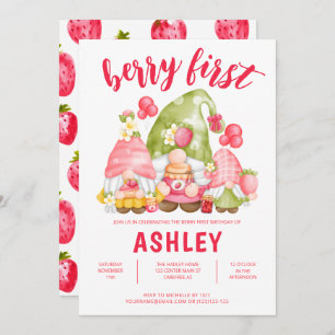 Strawberry Gnomes Berry First Birthday Invitation Kaart