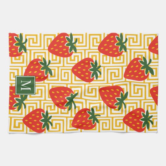 Strawberry Greek Key Monogram Theedoek (Horizontaal)