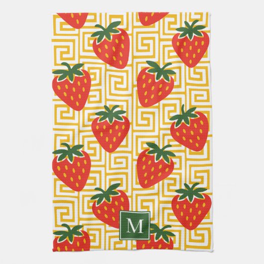 Strawberry Greek Key Monogram Theedoek (Verticaal)