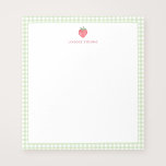 Strawberry Green Gingham Border Personalized Notitieblok<br><div class="desc">A cute strawberry notepad that you can personalize for a custom gift. This design features a red hand-painted watercolor strawberry and pink gingham border. Change the font style and color to any of your choice.</div>