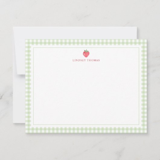 Strawberry Green Gingham Border Personalized Notitiekaartje (Voorkant)