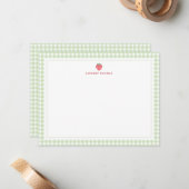 Strawberry Green Gingham Border Personalized Notitiekaartje (Voorkant / Achterkant in situ)